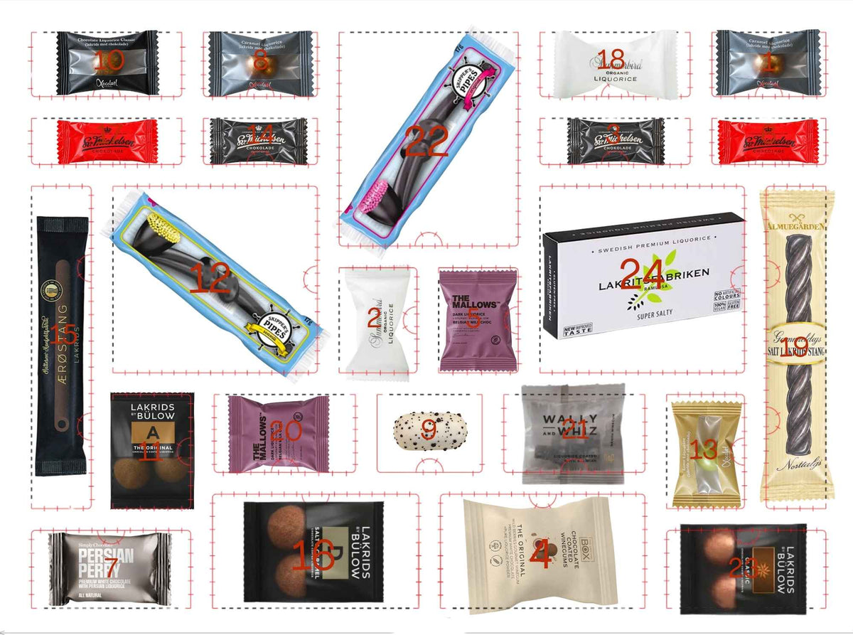 Giving Deer lakrids julekalender med 24 stykker lakrids og genanvendelig indlægsbakke